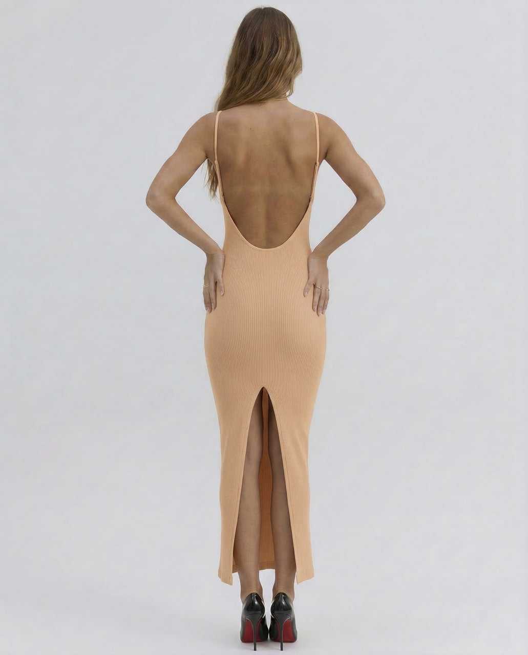Came Midi Dress by RAMBLION, elegant back view, beige hue, perfect for special occasions, modern allure.