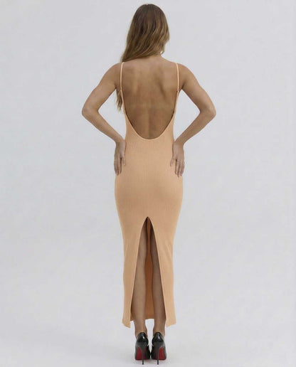 Came Midi Dress by RAMBLION, elegant back view, beige hue, perfect for special occasions, modern allure.