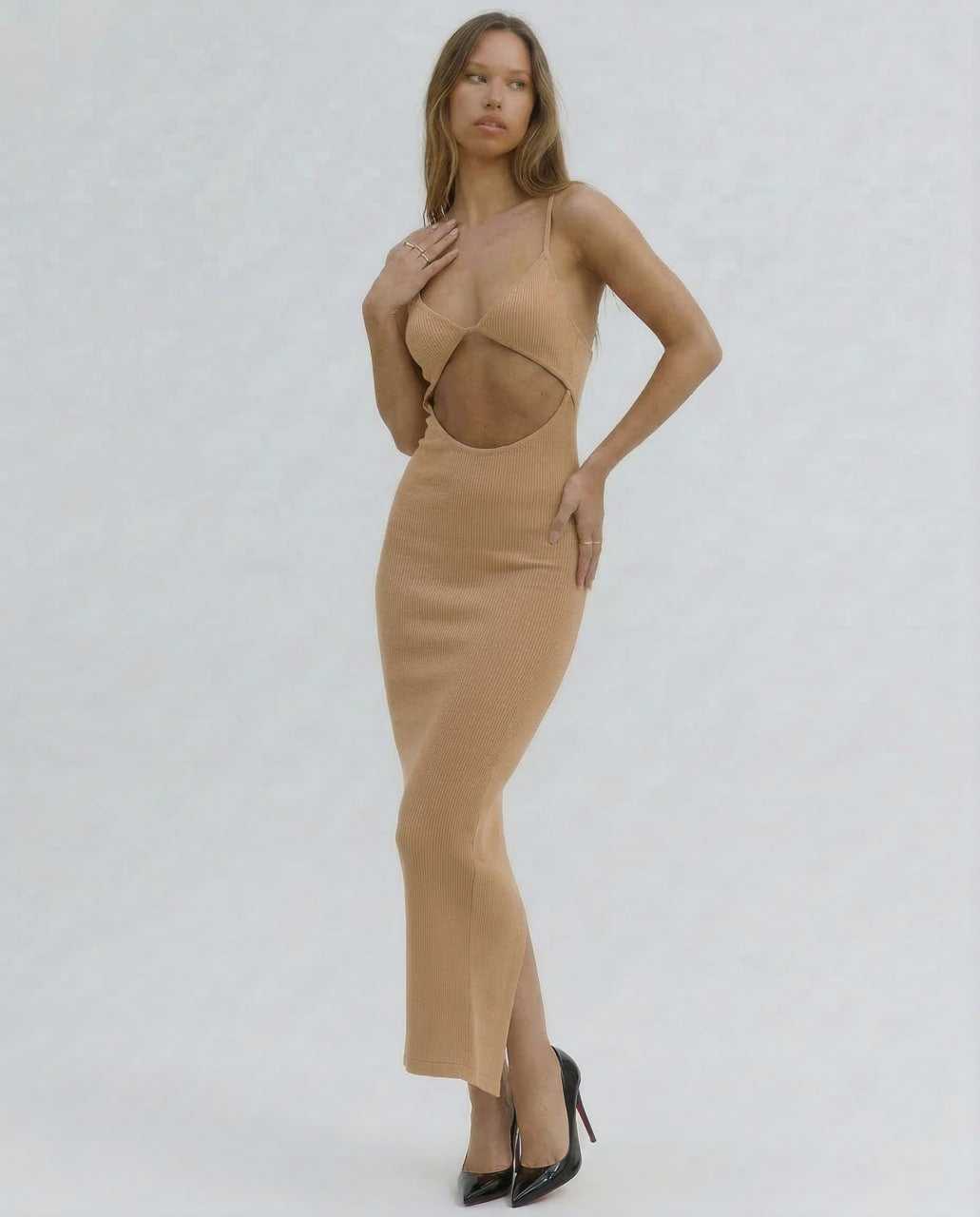 Came Midi Dress in soft beige, featuring unique cut-out front, elegant silhouette for special occasions, by RAMBLION.