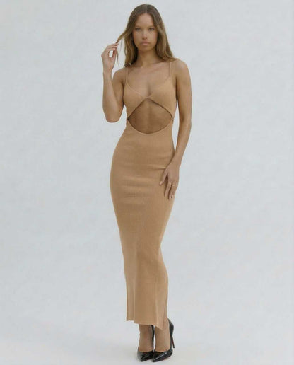 Elegant Came Midi Dress in soft beige, featuring a unique cut-out front, perfect for special occasions by RAMBLION.