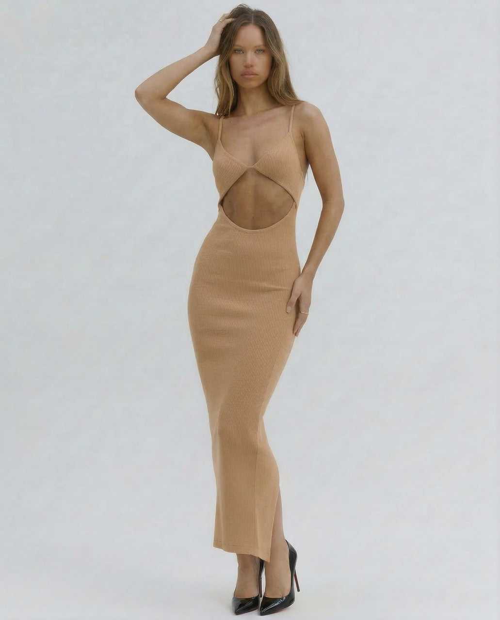 Came Midi Dress by RAMBLION, black midi dress made of polyester, featuring a stylish cut-out detail for special occasions.