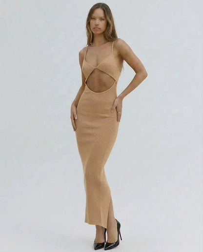 Nude Gown Round Neck Sleeveless Midi Dress | Black-Tie Events, Cocktail Hour & Day-to-Night, front view | Ramblion | SKU: SMD-127839405-nude-L-8855,SMD-127839405-nude-M-3768,SMD-127839405-nude-S-8239,SMD-127839405-nude-XL-9595,SMD-127839405-nude-XS-2507