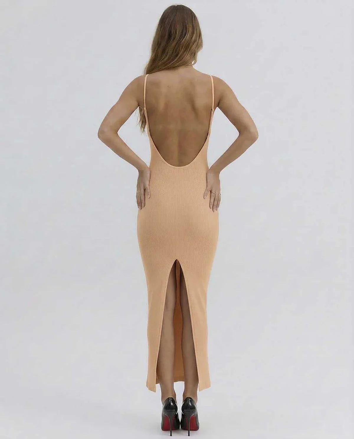 Nude Gown Round Neck Sleeveless Midi Dress | Black-Tie Events, Cocktail Hour & Day-to-Night, back view | Ramblion | SKU: SMD-127839405-nude-L-8855,SMD-127839405-nude-M-3768,SMD-127839405-nude-S-8239,SMD-127839405-nude-XL-9595,SMD-127839405-nude-XS-2507