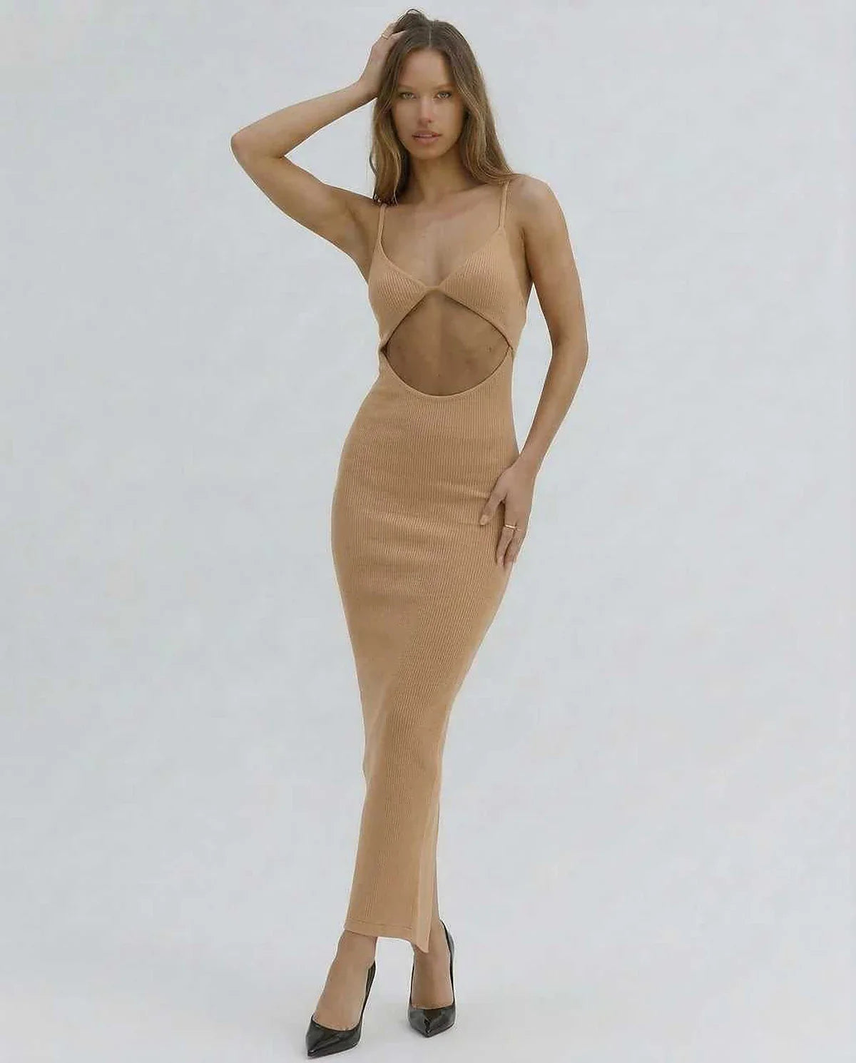 Nude Gown Round Neck Sleeveless Midi Dress | Black-Tie Events, Cocktail Hour & Day-to-Night, front view | Ramblion | SKU: SMD-127839405-nude-L-8855,SMD-127839405-nude-M-3768,SMD-127839405-nude-S-8239,SMD-127839405-nude-XL-9595,SMD-127839405-nude-XS-2507