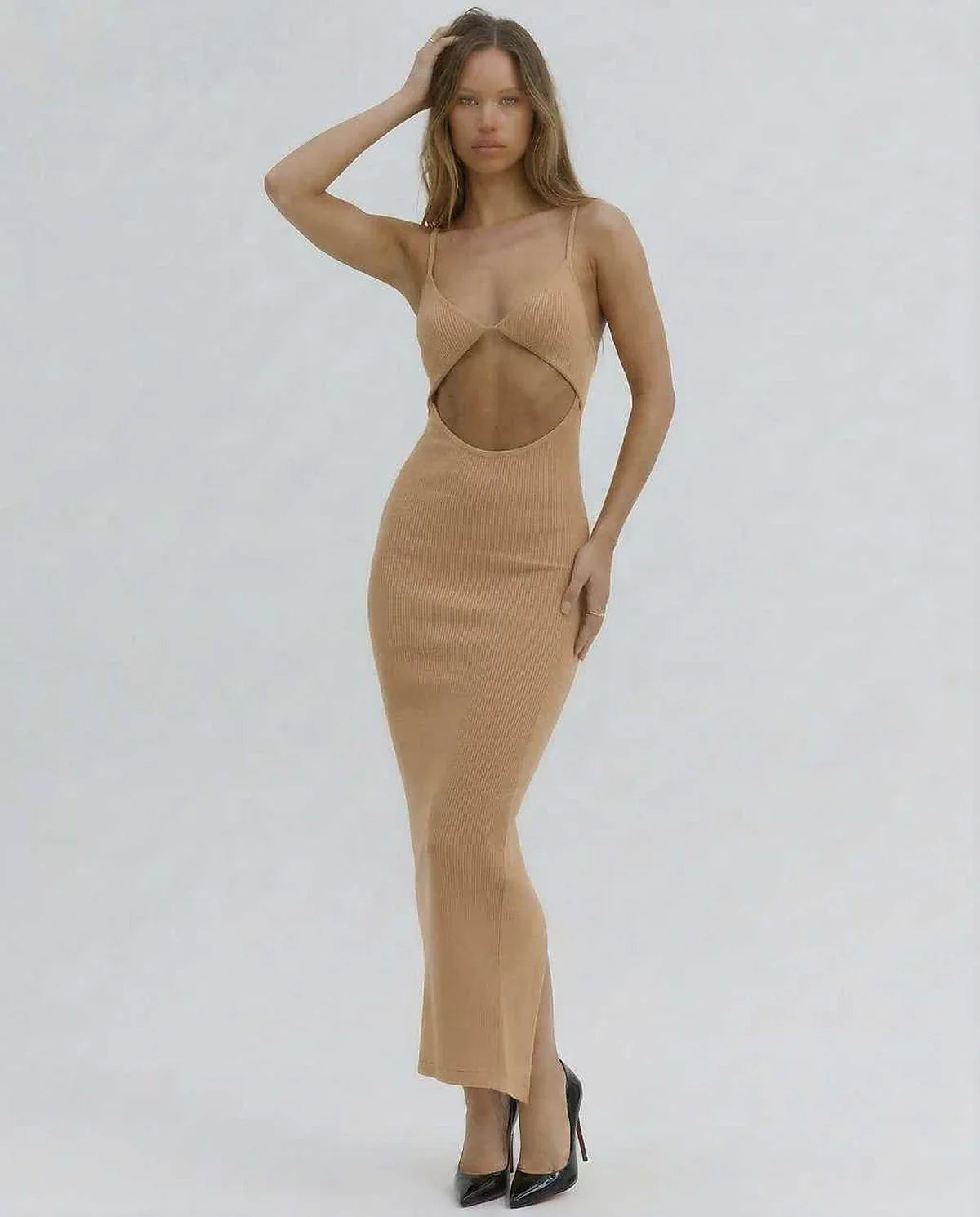 Nude Gown Round Neck Sleeveless Midi Dress | Black-Tie Events, Cocktail Hour & Day-to-Night, front view | Ramblion | SKU: SMD-127839405-nude-L-8855,SMD-127839405-nude-M-3768,SMD-127839405-nude-S-8239,SMD-127839405-nude-XL-9595,SMD-127839405-nude-XS-2507