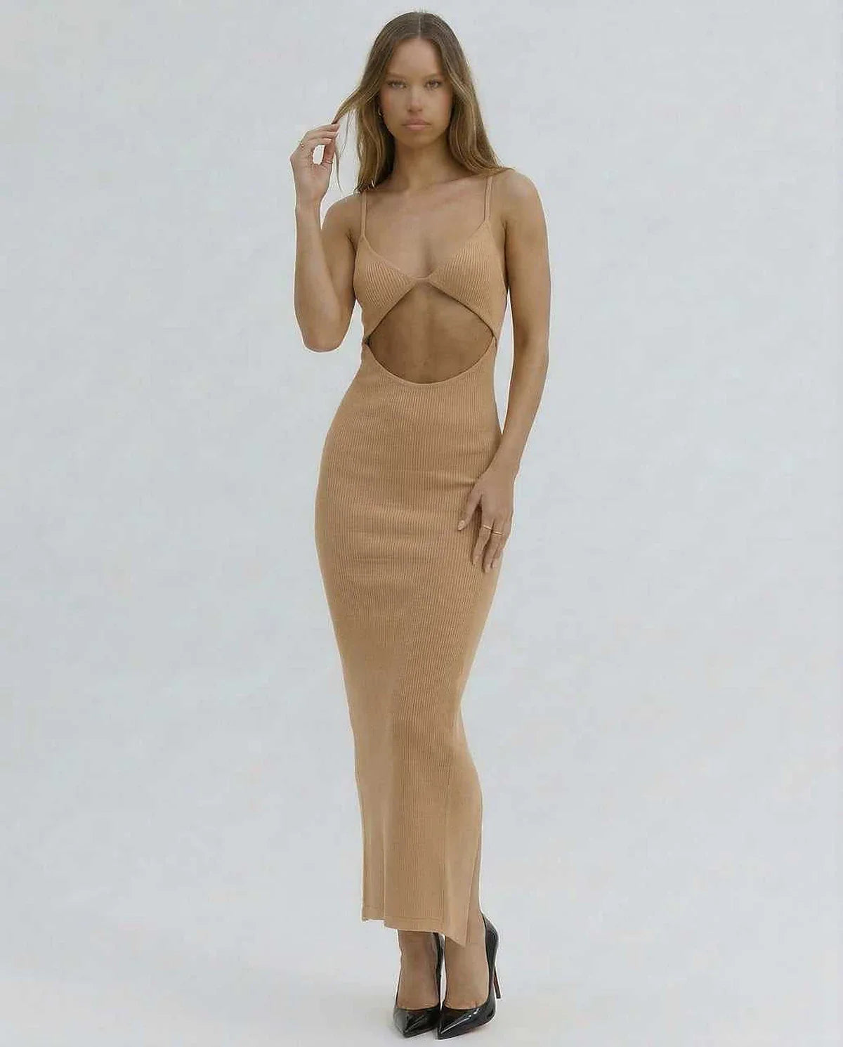 Nude Gown Round Neck Sleeveless Midi Dress | Black-Tie Events, Cocktail Hour & Day-to-Night, front view | Ramblion | SKU: SMD-127839405-nude-L-8855,SMD-127839405-nude-M-3768,SMD-127839405-nude-S-8239,SMD-127839405-nude-XL-9595,SMD-127839405-nude-XS-2507