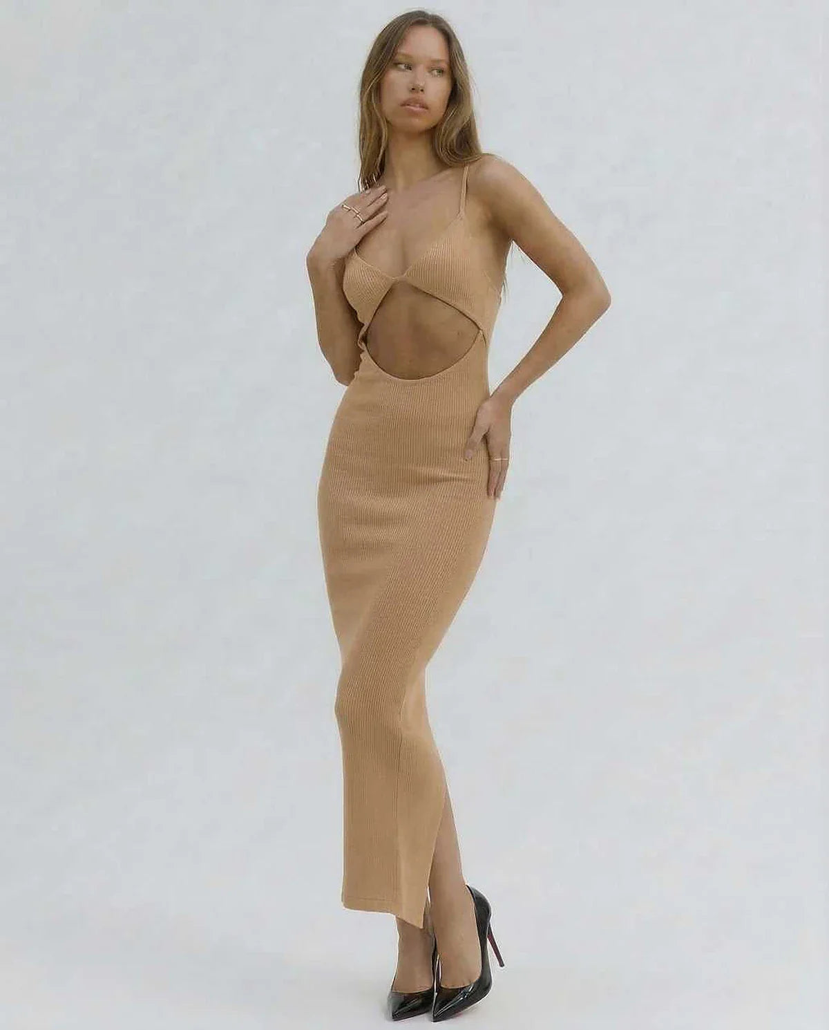 Nude Gown Round Neck Sleeveless Midi Dress | Black-Tie Events, Cocktail Hour & Day-to-Night, front view | Ramblion | SKU: SMD-127839405-nude-L-8855,SMD-127839405-nude-M-3768,SMD-127839405-nude-S-8239,SMD-127839405-nude-XL-9595,SMD-127839405-nude-XS-2507