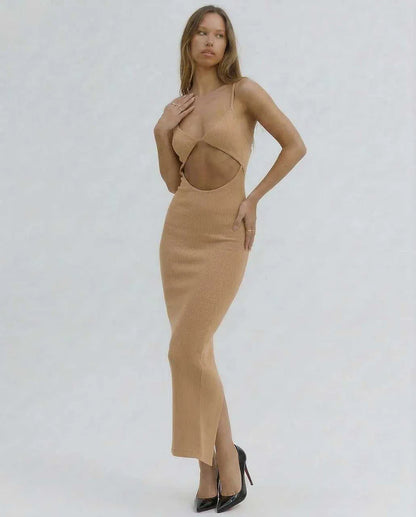 Nude Gown Round Neck Sleeveless Midi Dress | Black-Tie Events, Cocktail Hour & Day-to-Night, front view | Ramblion | SKU: SMD-127839405-nude-L-8855,SMD-127839405-nude-M-3768,SMD-127839405-nude-S-8239,SMD-127839405-nude-XL-9595,SMD-127839405-nude-XS-2507