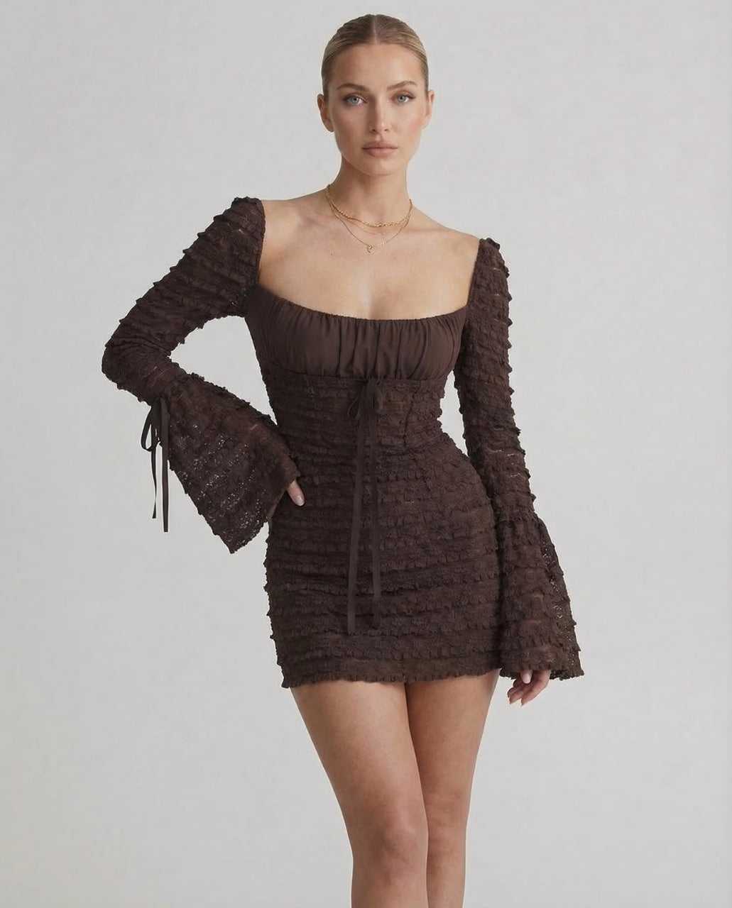 Cana Maxi Dress in rich brown with flared sleeves, perfect for elegant occasions and designed by RAMBLION.
