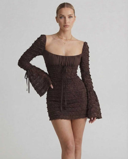 Cana Maxi Dress in rich brown with flared sleeves, perfect for elegant occasions and designed by RAMBLION.