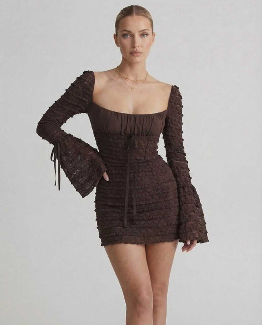 Cana Maxi Dress in rich brown with flared sleeves, perfect for elegant occasions and designed by RAMBLION.