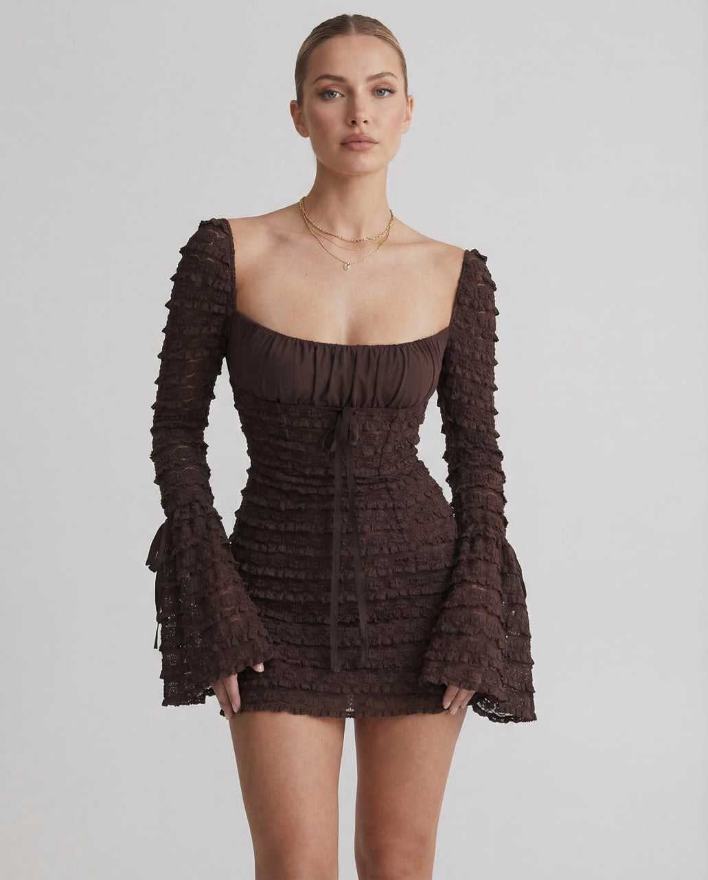Cana Maxi Dress - Elegant brown satin dress, V neck, perfect for sophisticated occasions. By RAMBLION.