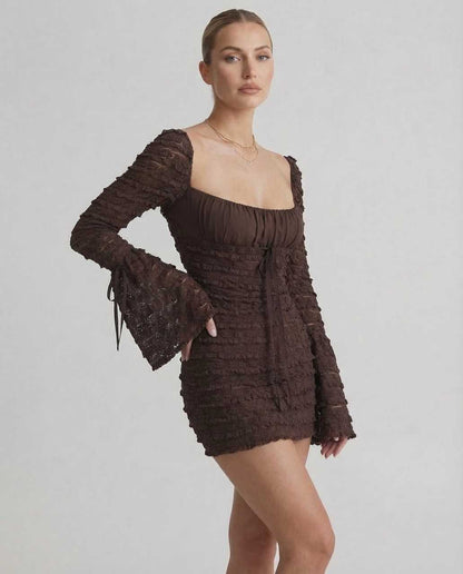 Cana Maxi Dress in rich brown, long sleeves, elegant fit, perfect for stylish occasions by RAMBLION.
