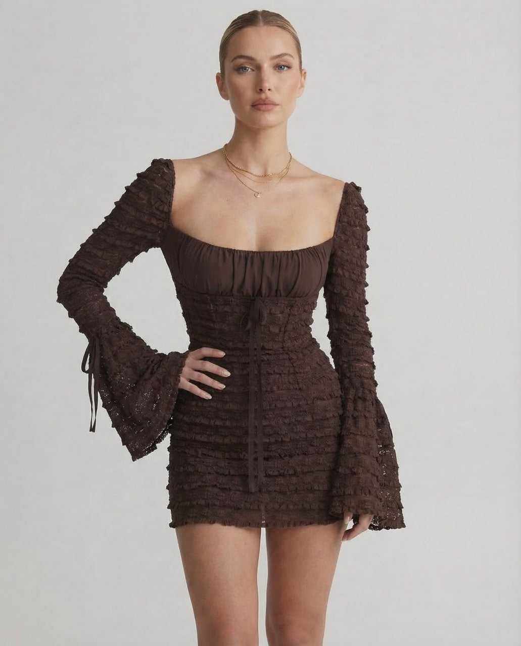 Cana Maxi Dress, brown 100% polyester satin, elegant fit for occasions, by RAMBLION.