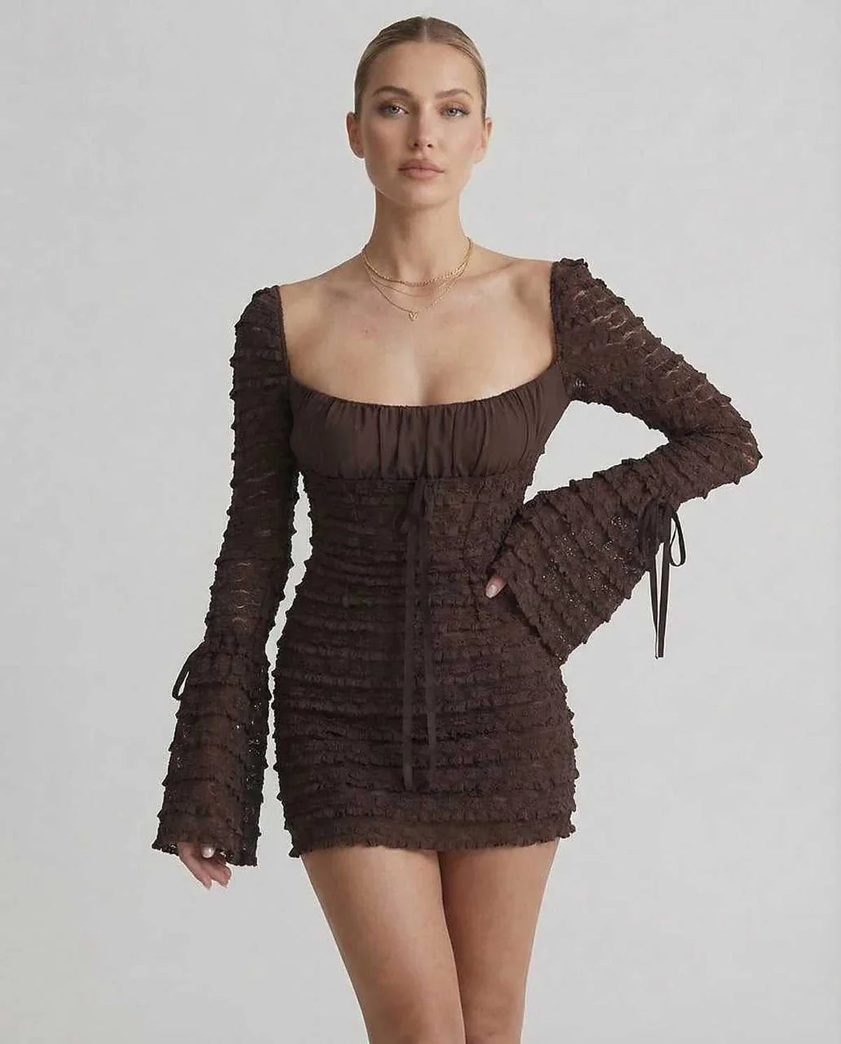 Chocolate Satin Bodycon V-Neck Long Sleeve Maxi Dress | Wedding Season, front view | Ramblion | SKU: CMD-927463581-chocolate-L-7098,CMD-927463581-chocolate-M-9502,CMD-927463581-chocolate-S-8039,CMD-927463581-chocolate-XL-3521,CMD-927463581-chocolate-XS-6685