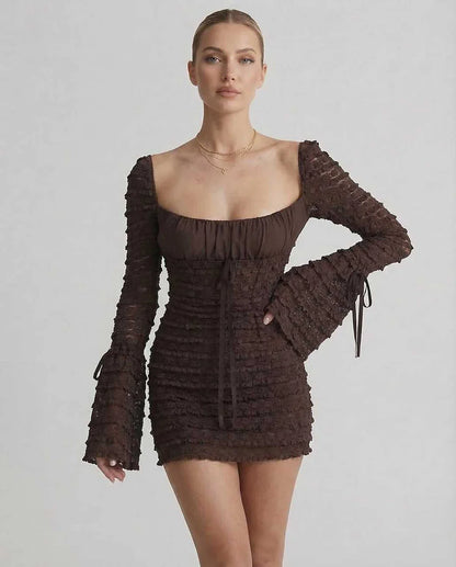 Chocolate Satin Bodycon V-Neck Long Sleeve Maxi Dress | Wedding Season, front view | Ramblion | SKU: CMD-927463581-chocolate-L-7098,CMD-927463581-chocolate-M-9502,CMD-927463581-chocolate-S-8039,CMD-927463581-chocolate-XL-3521,CMD-927463581-chocolate-XS-6685