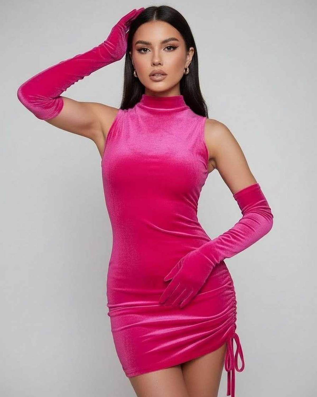 Cana Mini Dress in pink velvet, high neck, side ruching; elegant look for special occasions by RAMBLION.