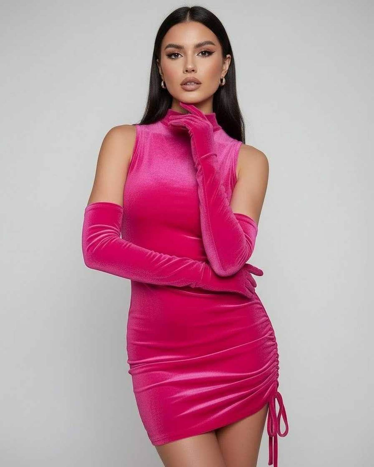 Cana Mini Dress by RAMBLION, red velvet, high neck, side ruching, elegant look for special occasions.