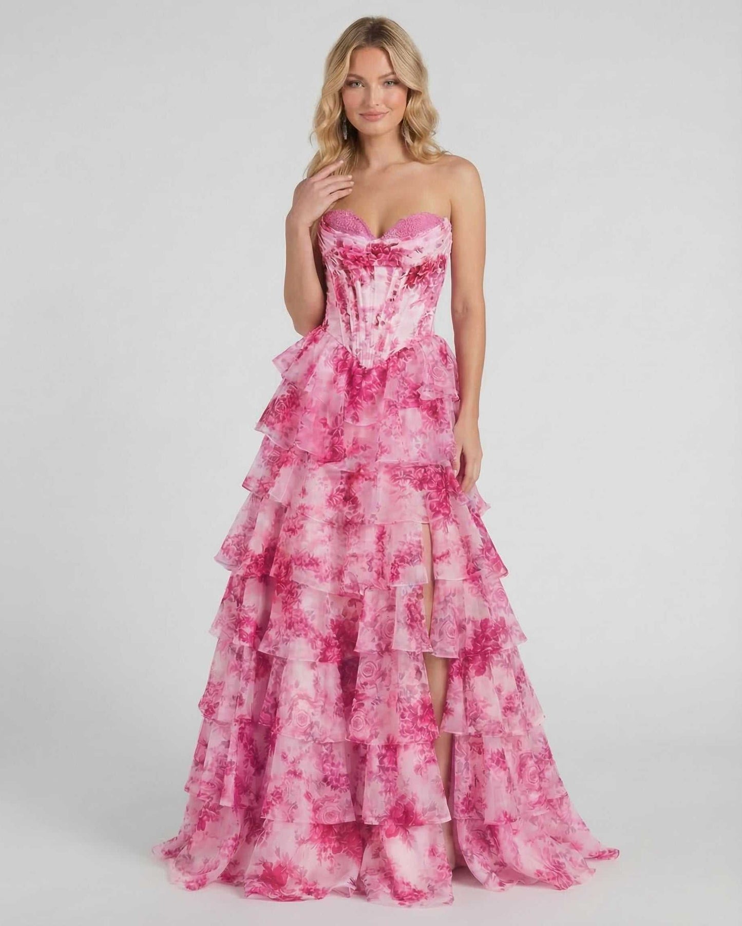 Cane Maxi Dress by RAMBLION, strapless pink floral satin gown, tiered ruffle design, perfect for elegant occasions.