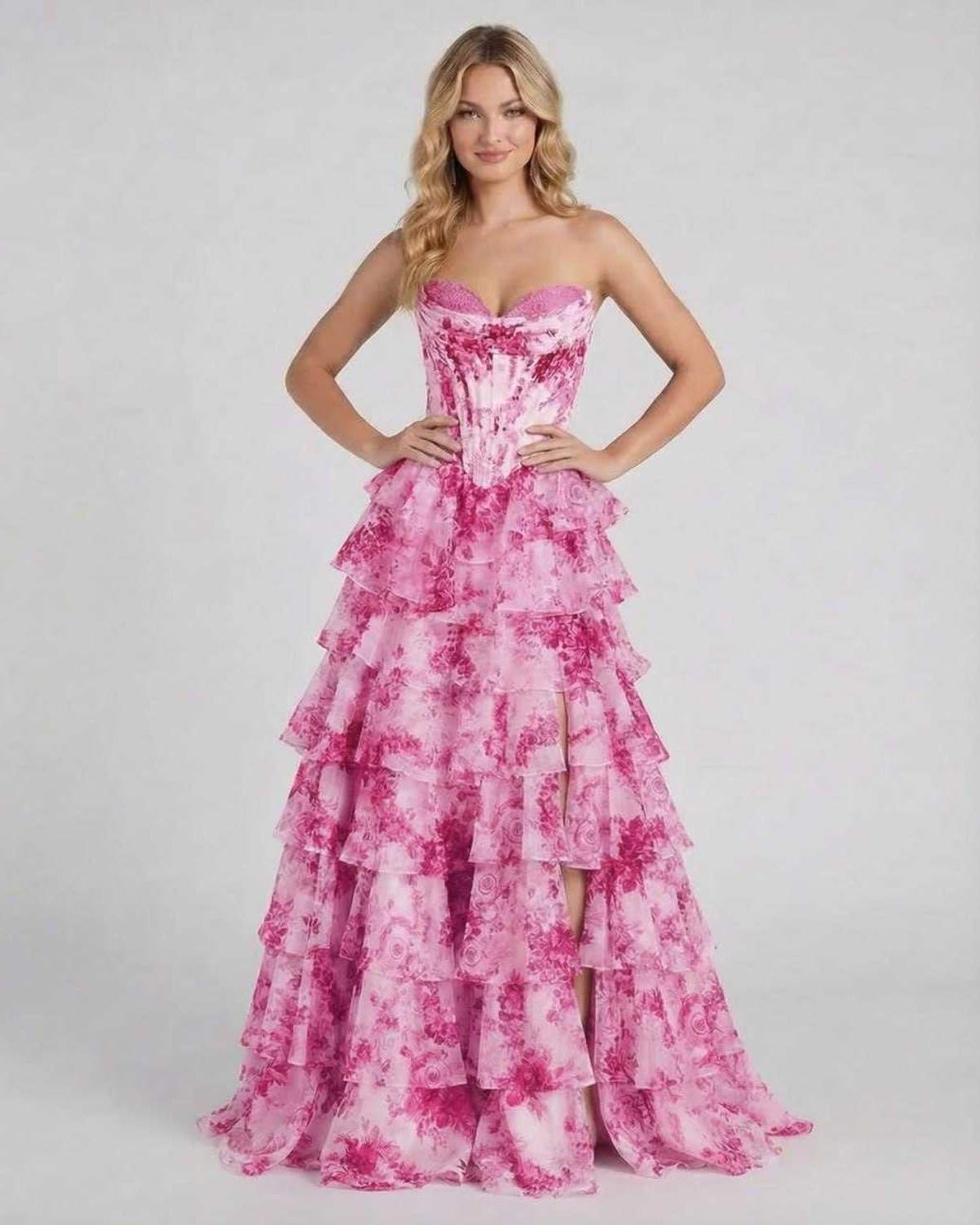 Cane Maxi Dress by RAMBLION, vibrant pink, strapless, tiered ruffle design, perfect for romantic occasions.