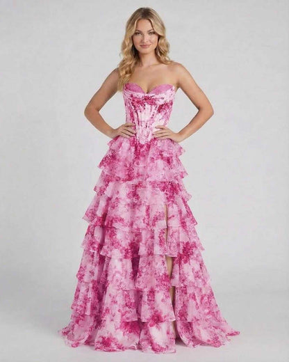 Cane Maxi Dress by RAMBLION, vibrant pink, strapless, tiered ruffle design, perfect for romantic occasions.