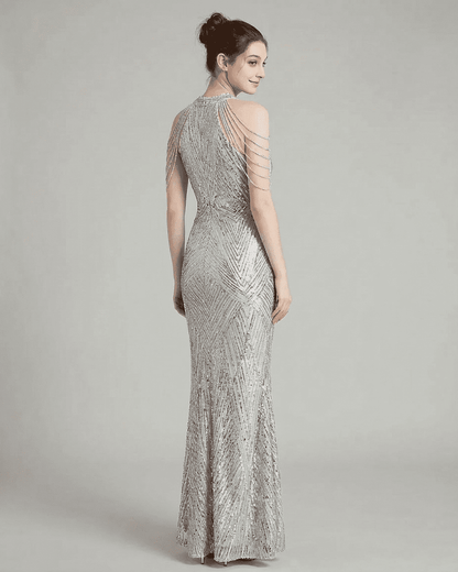 Silver Velvet Gown Halter Sleeveless Maxi Dress | Evening Events & Daily Wear, back view | Ramblion | SKU: LMD-47285-silver-L-7033,LMD-47285-silver-M-8243,LMD-47285-silver-S-5011,LMD-47285-silver-XL-5598,LMD-47285-silver-XS-5140