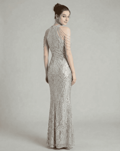 Silver Velvet Gown Halter Sleeveless Maxi Dress | Evening Events & Daily Wear, back view | Ramblion | SKU: LMD-47285-silver-L-7033,LMD-47285-silver-M-8243,LMD-47285-silver-S-5011,LMD-47285-silver-XL-5598,LMD-47285-silver-XS-5140