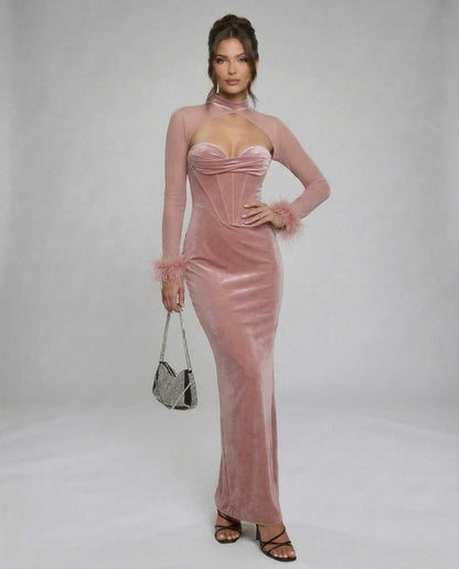 Cannes Maxi Dress: Pink strapless ankle-length gown with cutout, sheer sleeves, by RAMBLION, perfect for elegant occasions.