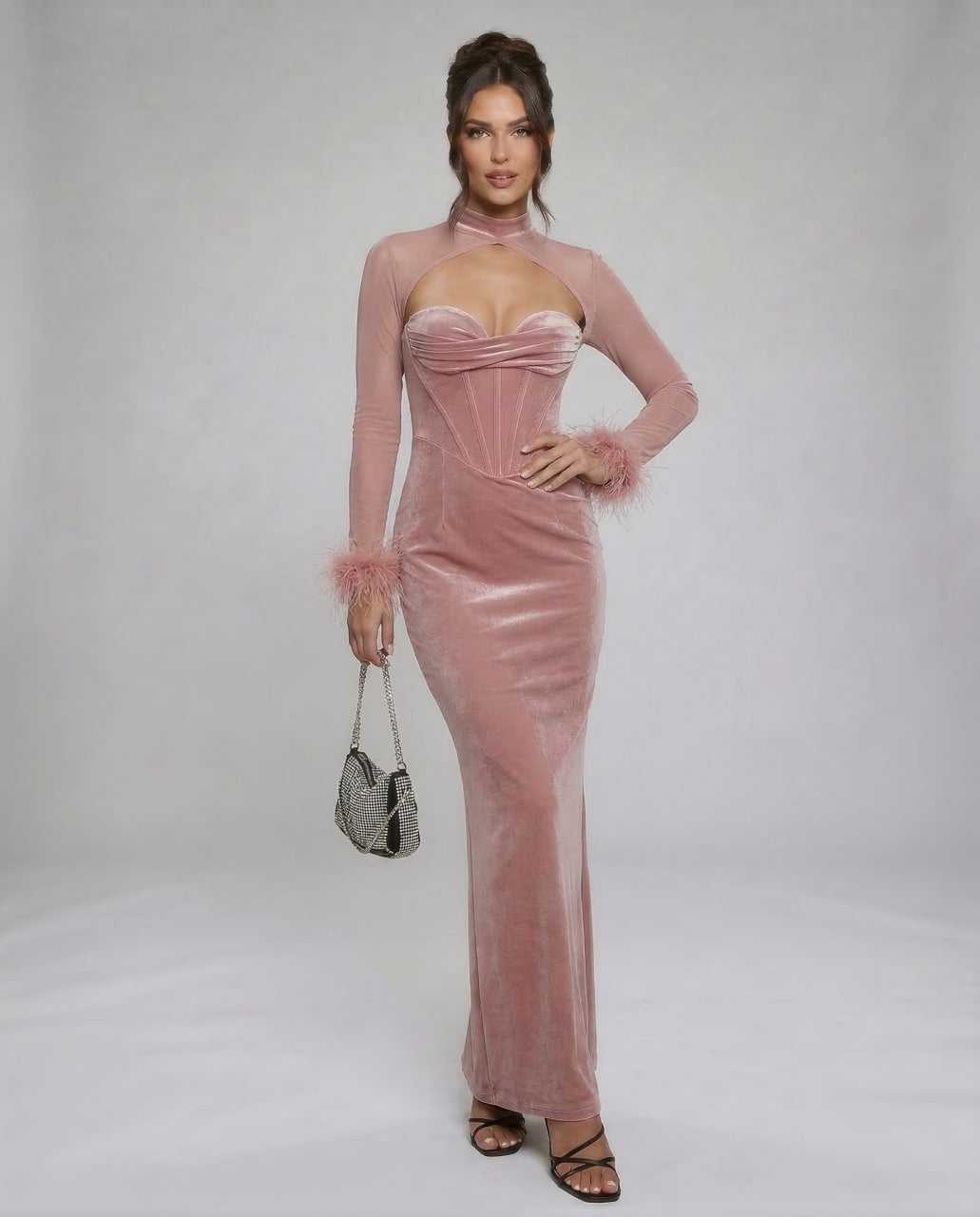 Cannes Maxi Dress by RAMBLION, featuring pink velvet, strapless design, sheer sleeves, and perfect for elegant occasions.