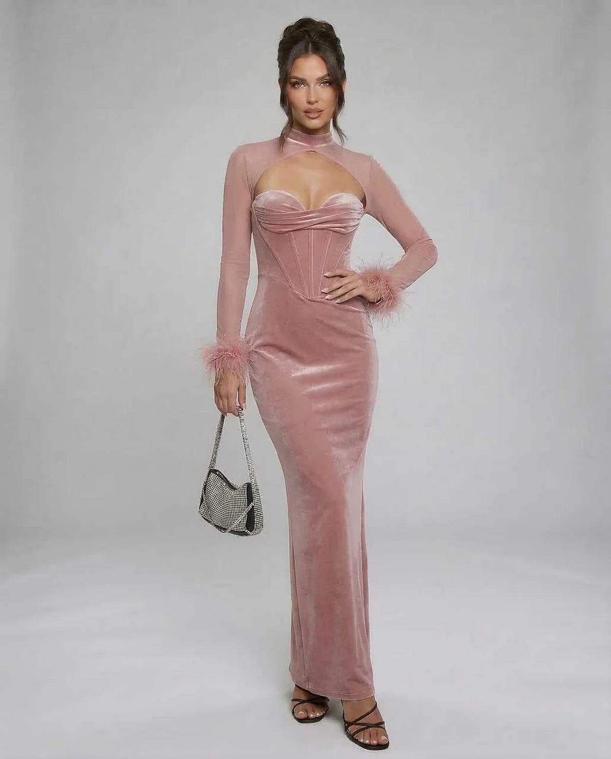 Blush Velvet Gown Strapless Maxi Dress | Formal Events, Night Out & Day-to-Night, front view | Ramblion | SKU: BMD-482910375-blush-L-1942,BMD-482910375-blush-M-8758,BMD-482910375-blush-S-6759,BMD-482910375-blush-XL-3910,BMD-482910375-blush-XS-9361