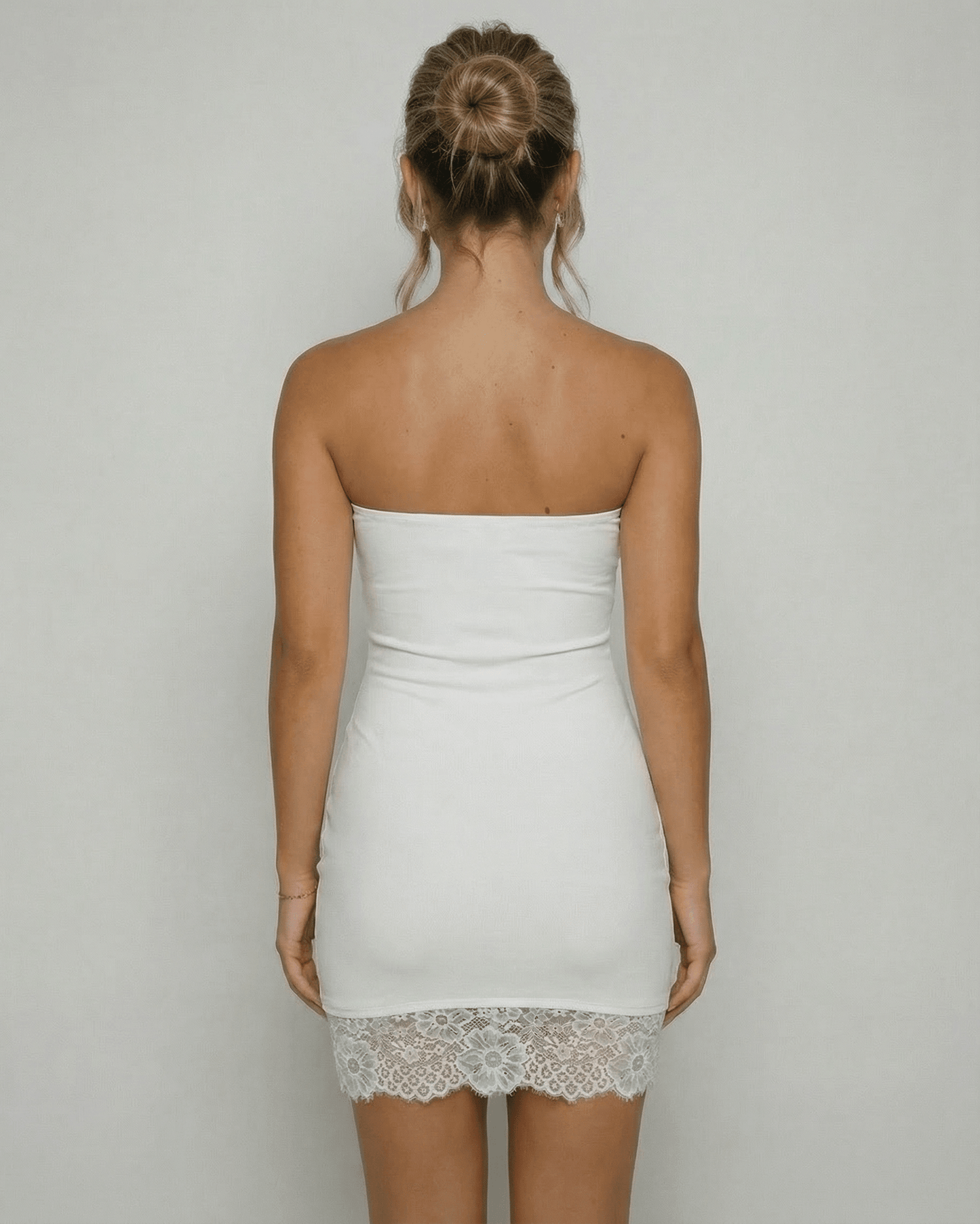 Cannes Mini Dress back view, strapless design, white mini dress with lace hem, by RAMBLION, perfect for vintage charm.