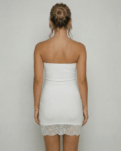 Cannes Mini Dress back view, strapless design, white mini dress with lace hem, by RAMBLION, perfect for vintage charm.