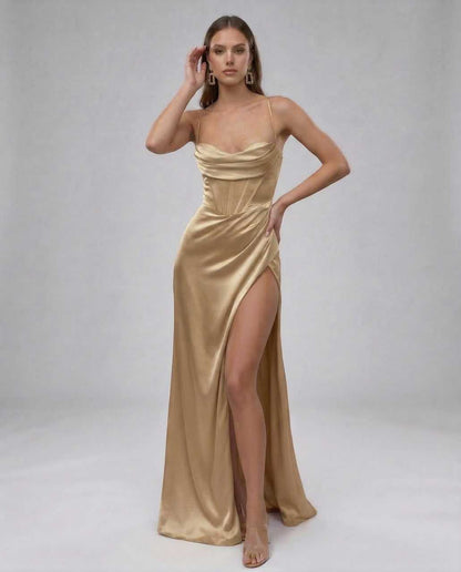 Cano Maxi Dress by RAMBLION in luxurious beige satin, featuring a sweetheart neckline and thigh-high slit, perfect for evening occasions.