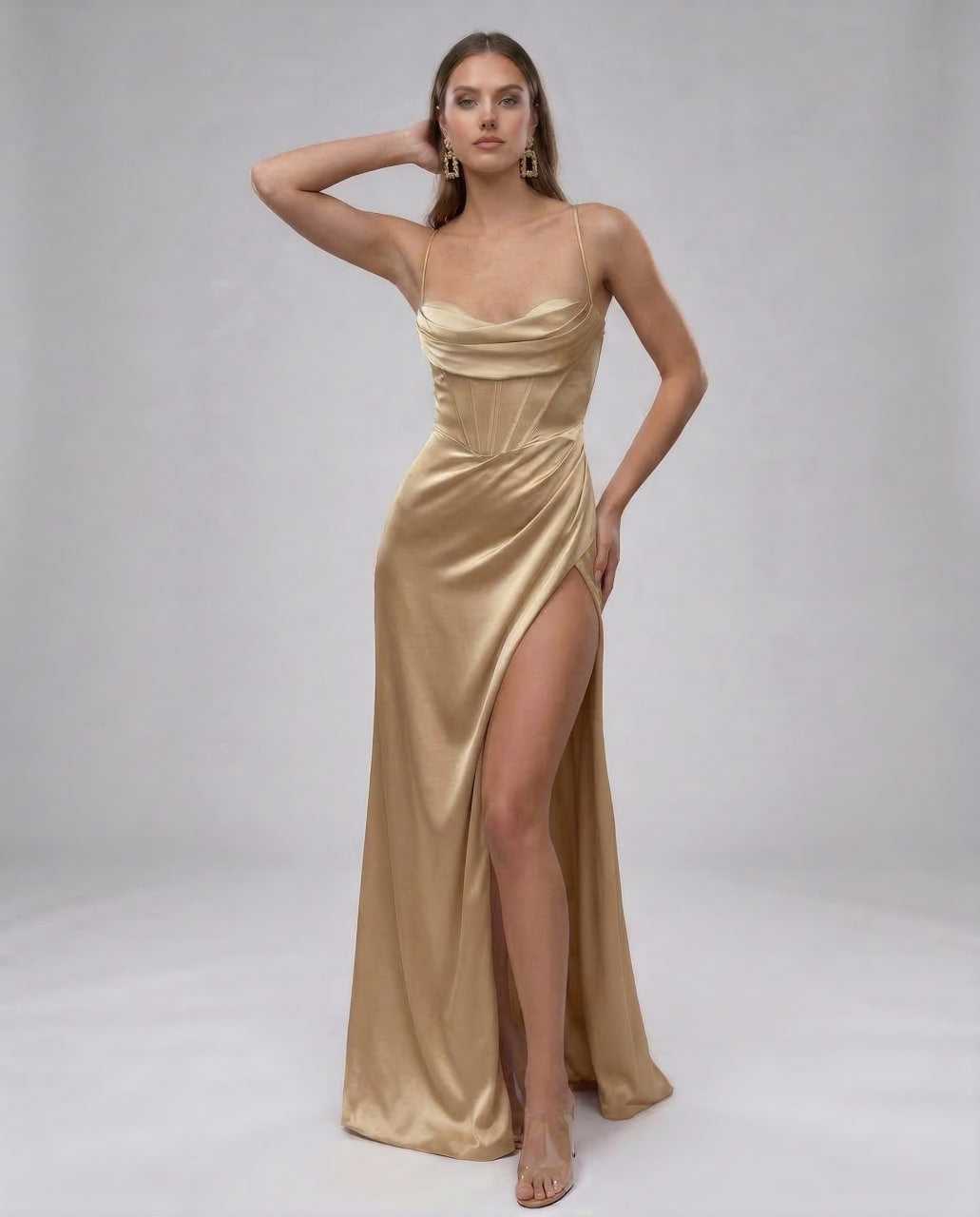 Cano Maxi Dress by RAMBLION, elegant beige satin, sweetheart neckline, perfect for evening occasions.