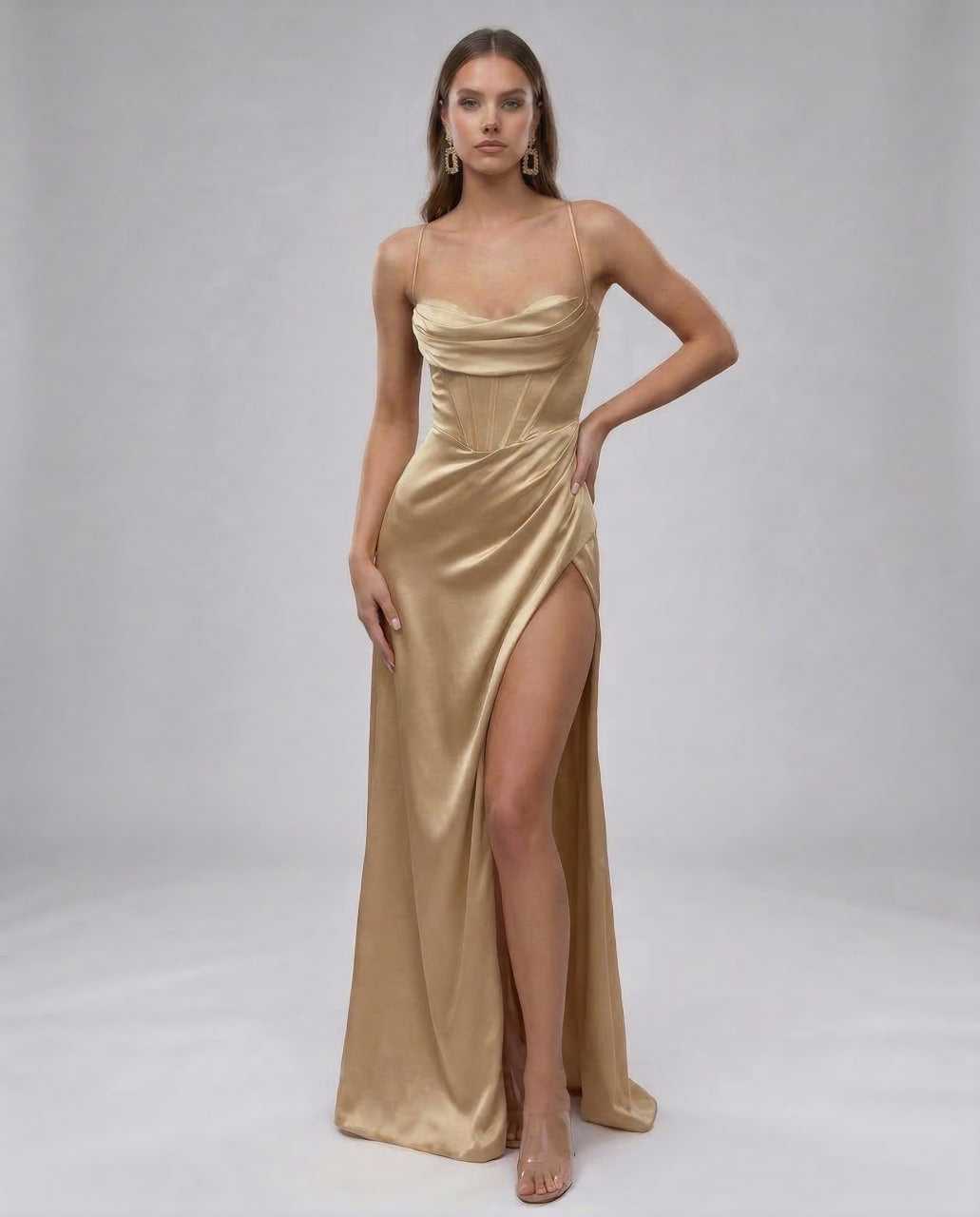Cano Maxi Dress by RAMBLION, elegant beige satin dress, sweetheart neckline, perfect for evening occasions.