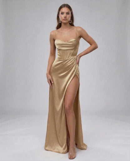 Cano Maxi Dress by RAMBLION, elegant beige satin dress, sweetheart neckline, perfect for evening occasions.