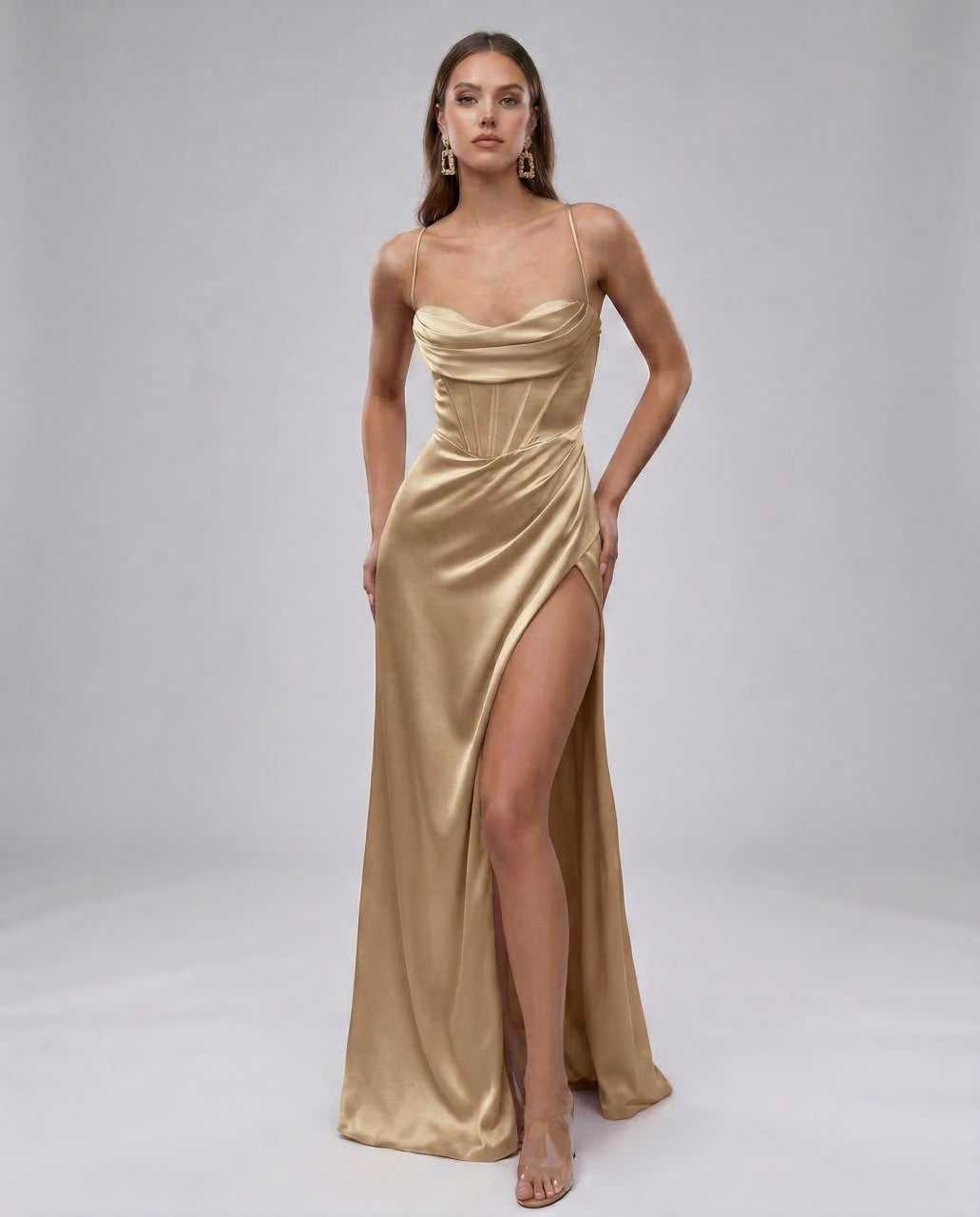 Cano Maxi Dress by RAMBLION, elegant gold satin gown with high slit, perfect for evening events.