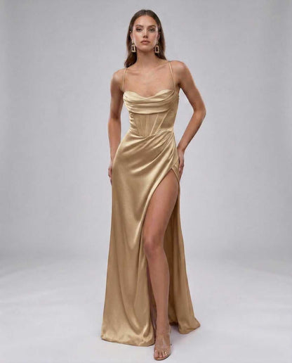 Cano Maxi Dress by RAMBLION, elegant gold satin gown with high slit, perfect for evening events.