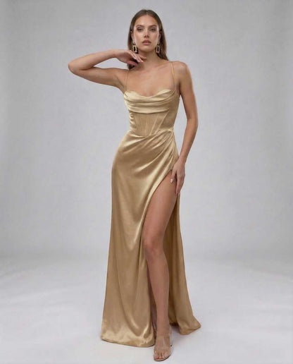 Cano Maxi Dress, beige satin, elegant evening wear, sophisticated silhouette, RAMBLION brand, show-stopping style.
