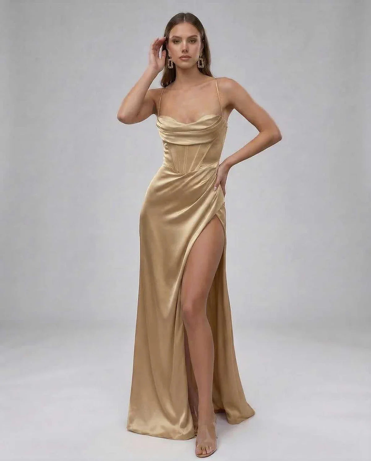 Champagne Satin Gown Sweetheart Sleeveless Maxi Dress | Formal Occasions, Celebrations & Everyday Wear, front view | Ramblion | SKU: SMD-748593216-champagne-L-7760,SMD-748593216-champagne-M-2051,SMD-748593216-champagne-S-2693,SMD-748593216-champagne-XL-8960,SMD-748593216-champagne-XS-8692
