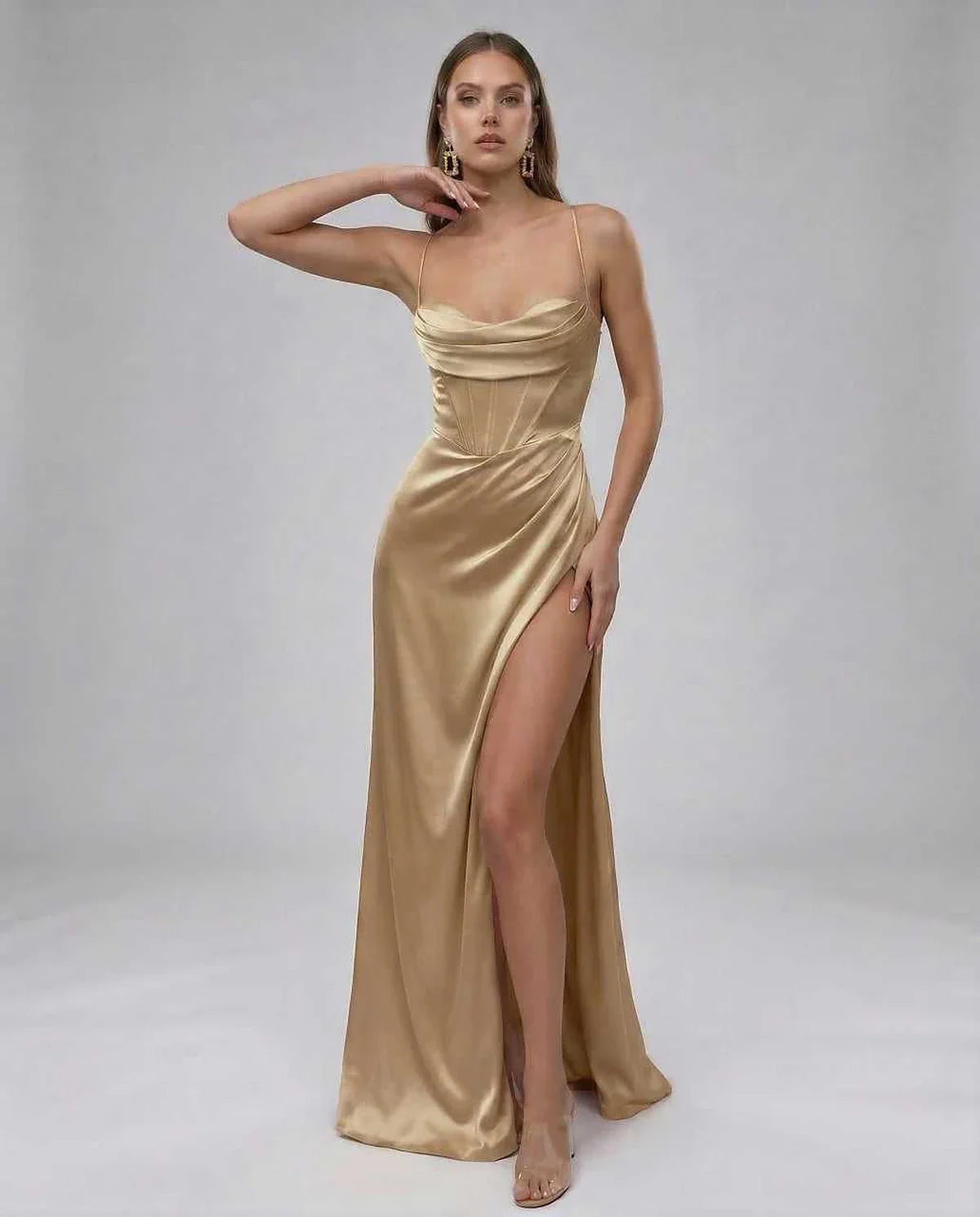 Champagne Satin Gown Sweetheart Sleeveless Maxi Dress | Formal Occasions, Celebrations & Everyday Wear, front view | Ramblion | SKU: SMD-748593216-champagne-L-7760,SMD-748593216-champagne-M-2051,SMD-748593216-champagne-S-2693,SMD-748593216-champagne-XL-8960,SMD-748593216-champagne-XS-8692