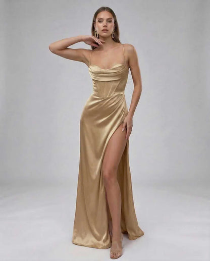 Champagne Satin Gown Sweetheart Sleeveless Maxi Dress | Formal Occasions, Celebrations & Everyday Wear, front view | Ramblion | SKU: SMD-748593216-champagne-L-7760,SMD-748593216-champagne-M-2051,SMD-748593216-champagne-S-2693,SMD-748593216-champagne-XL-8960,SMD-748593216-champagne-XS-8692