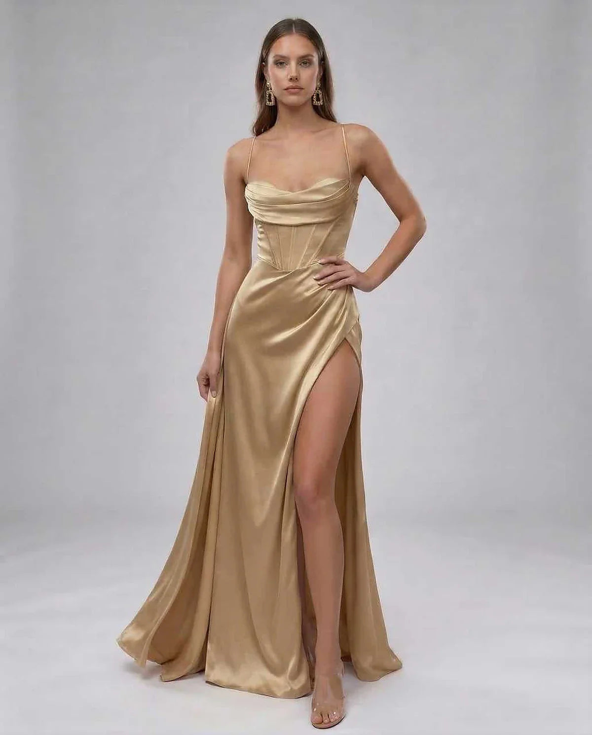 Champagne Satin Gown Sweetheart Sleeveless Maxi Dress | Formal Occasions, Celebrations & Everyday Wear, front view | Ramblion | SKU: SMD-748593216-champagne-L-7760,SMD-748593216-champagne-M-2051,SMD-748593216-champagne-S-2693,SMD-748593216-champagne-XL-8960,SMD-748593216-champagne-XS-8692