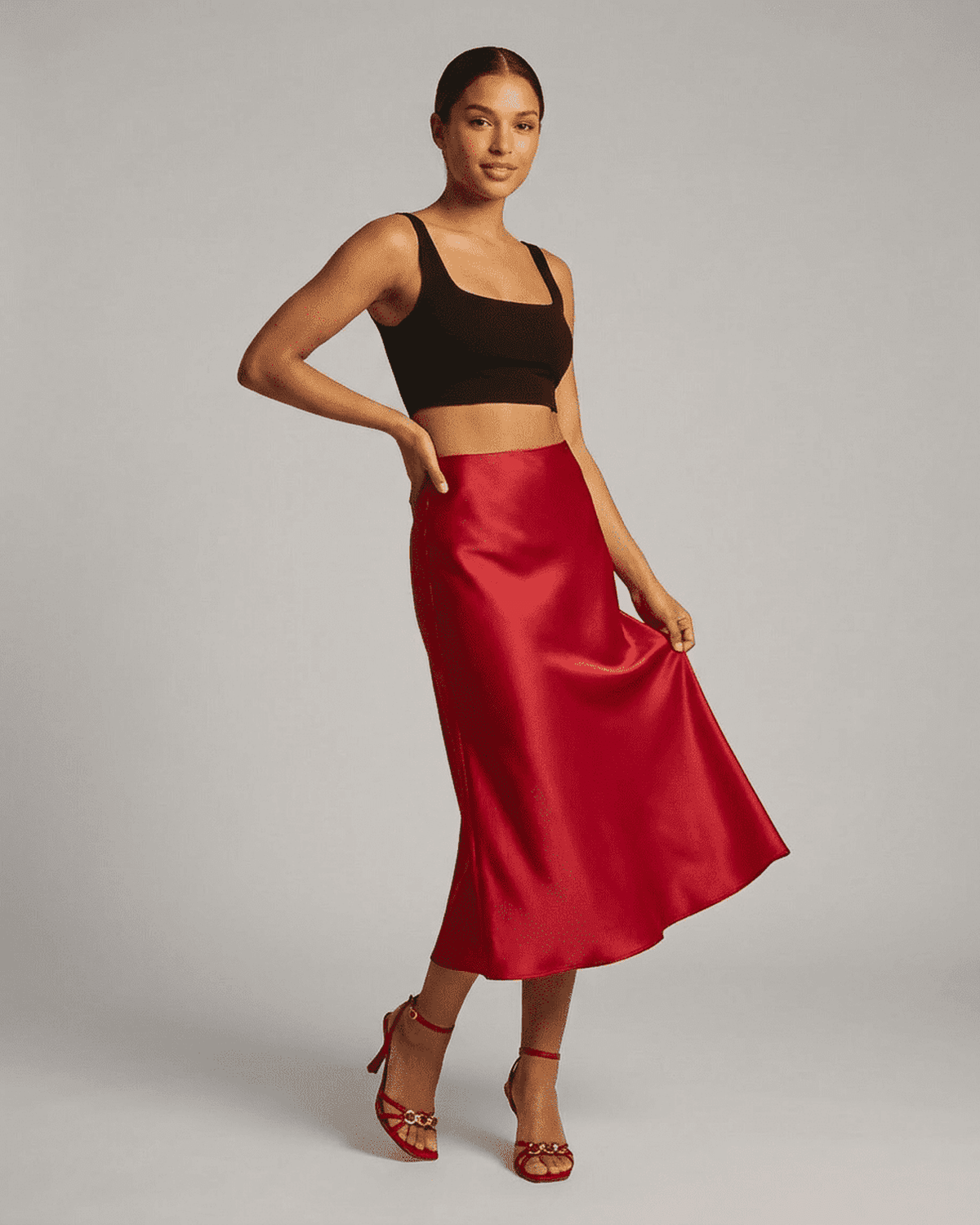 Red Satin Midi Skirt, front view | Ramblion | SKU: RMS-67421-red-L-7732,RMS-67421-red-M-1184,RMS-67421-red-S-7537,RMS-67421-red-XL-3124,RMS-67421-red-XS-3925