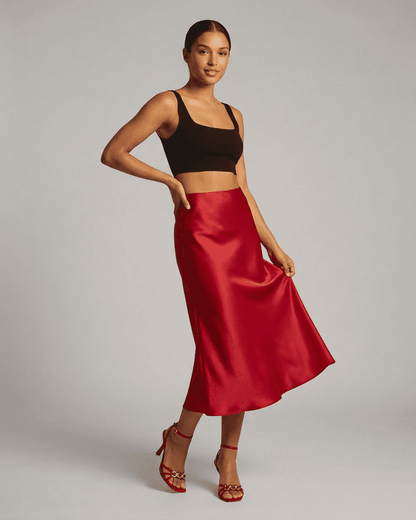 Red Satin Midi Skirt, front view | Ramblion | SKU: RMS-67421-red-L-7732,RMS-67421-red-M-1184,RMS-67421-red-S-7537,RMS-67421-red-XL-3124,RMS-67421-red-XS-3925