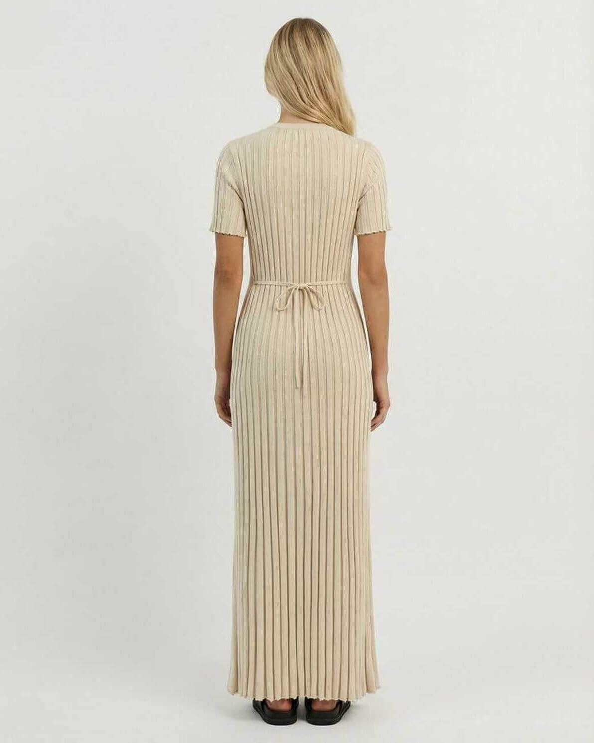 Cany Maxi Dress by RAMBLION, beige ankle-length with ribbed texture, perfect for elegant occasions and comfortable wear.