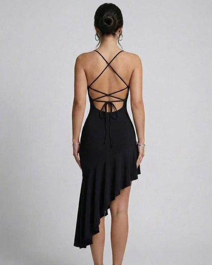 Capri Midi Dress by RAMBLION, black with asymmetrical hem, perfect for evening outings and sophisticated parties.