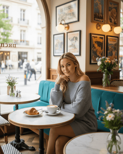 Young woman in a soft gray Cari Mini Dress seated in a café with coffee and croissant, exuding chic style.