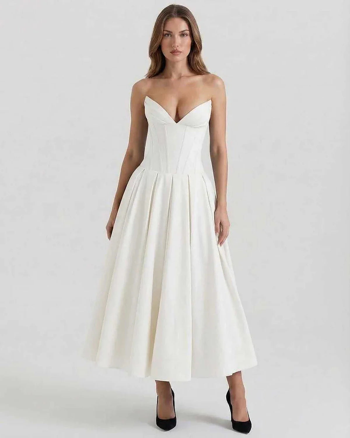 White Velvet A-line Strapless Midi Dress | Evening Events, Party Nights & Daily Wear, front view | Ramblion | SKU: LMD-629837415-white-L-7359,LMD-629837415-white-M-8112,LMD-629837415-white-S-9253,LMD-629837415-white-XL-2500,LMD-629837415-white-XS-3040