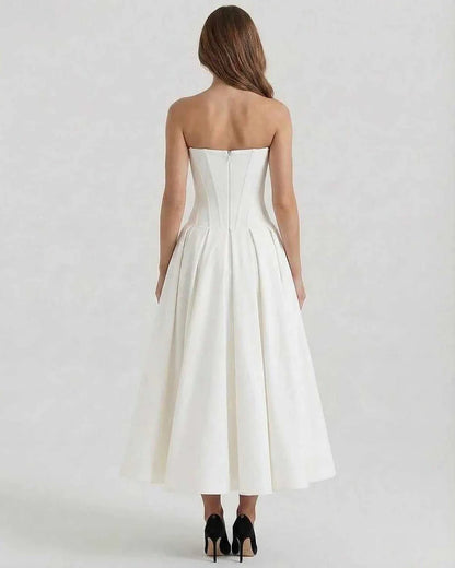 White Velvet A-line Strapless Midi Dress | Evening Events, Party Nights & Daily Wear, back view | Ramblion | SKU: LMD-629837415-white-L-7359,LMD-629837415-white-M-8112,LMD-629837415-white-S-9253,LMD-629837415-white-XL-2500,LMD-629837415-white-XS-3040